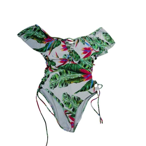 TiniBikini One Piece Floral Off-Shoulder Side Lace-Up Swimsuit, XS - Picture 1 of 8